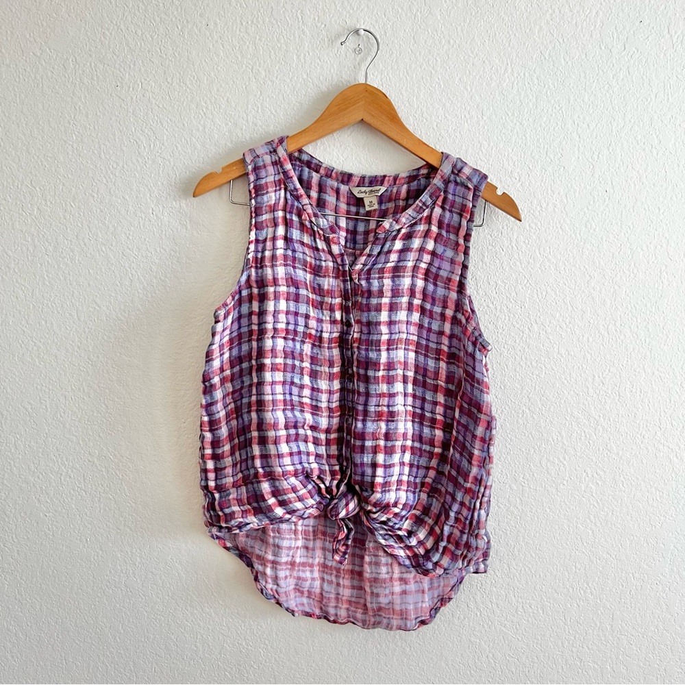 Lucky Brand 100% Linen Blue Red Plaid Button Front Tank Sz M